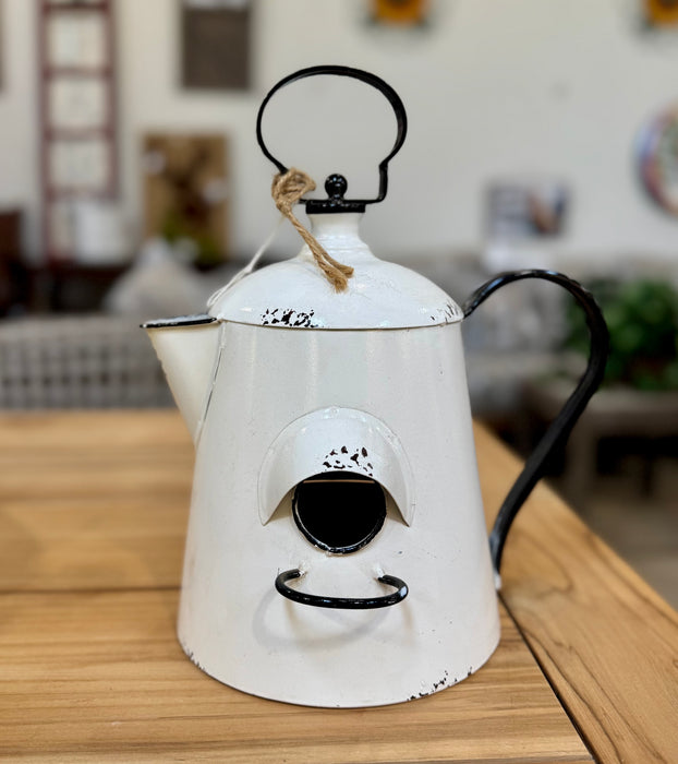 Ganz Black and White Enamel Kettle Birdhouse Metal