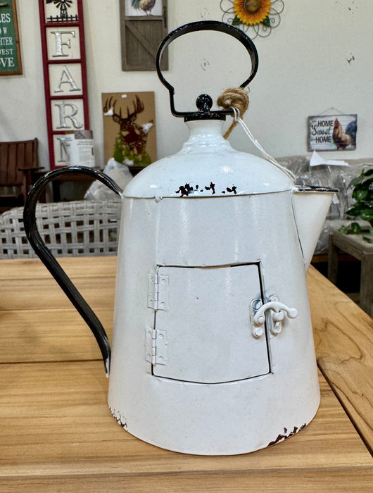 Ganz Black and White Enamel Kettle Birdhouse Metal
