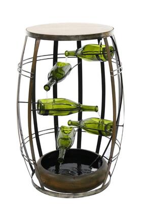 Alpine Metal Wine Barrel Fountain with Tiered Glass Bottles